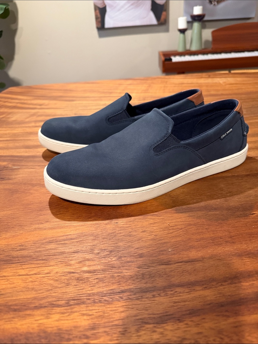 Cole Haan Navy Slip-On Sneakers with Tan Heel Accent